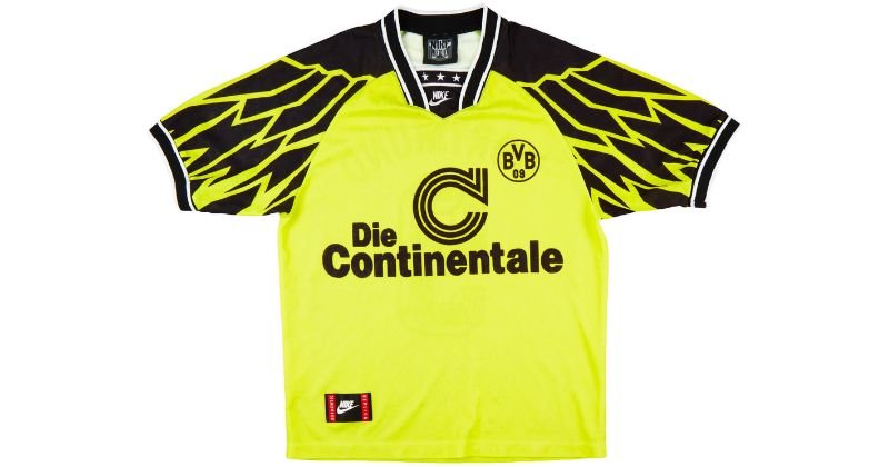 borussia dortmund 1994-95 home shirt in yellow with black feather pattern sleeves